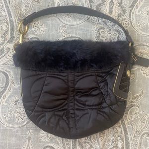BROWN NOT BLACK Rabbit fur coach bag, puffer, quilted, gold brushed hardware